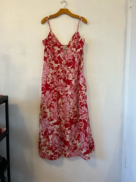 Abercrombie & Fitch Beaded Flowy Floral Red Pink Midi Dress Linen Blend Size XL - Picture 5 of 13